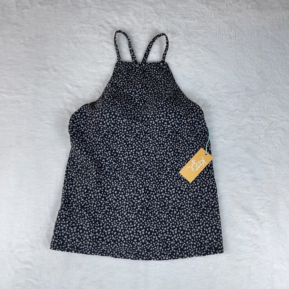 Kona Sol Tankini Top Women's Small 4-6 Black Polka Dot Spaghetti Strap High Neck